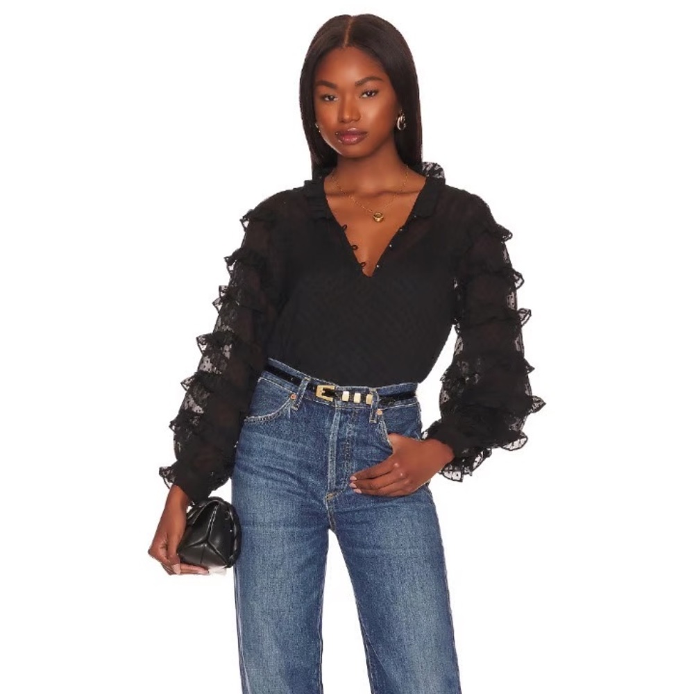 Cleobella Black Phoebe Blouse Semi Sheer Ruffle Sleeve Detachable Cami sz Large